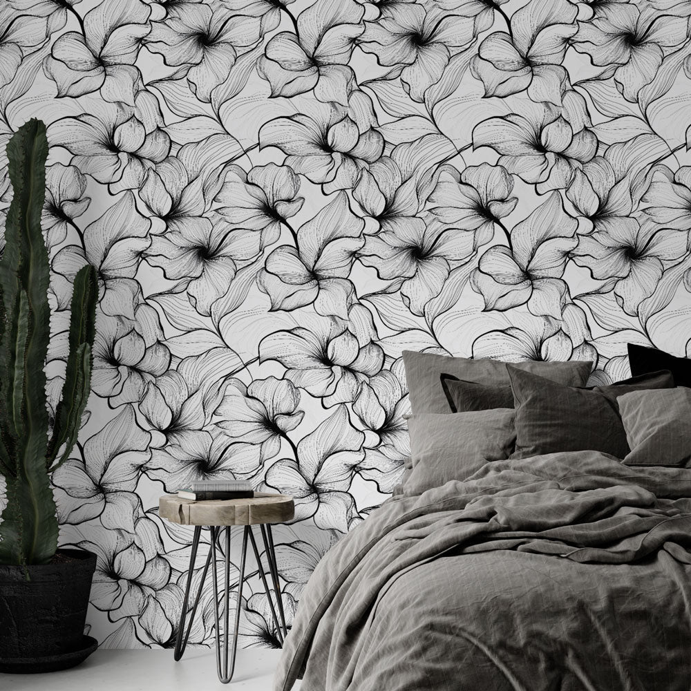 Black & White Floral Wallpaper | Hand-Drawn Blooms Wall Mural