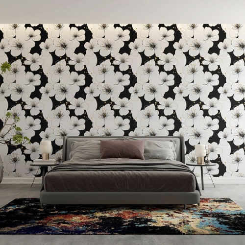 Black and white floral wallpaper with white blooms and gold on black background