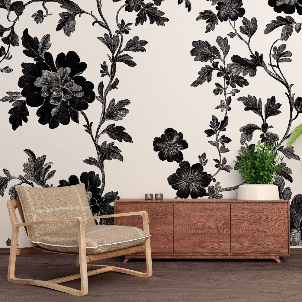 Black white floral wallpaper | Timeless botanical wall mural elegance