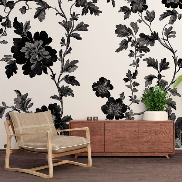 Black white floral wallpaper | Timeless botanical wall mural elegance
