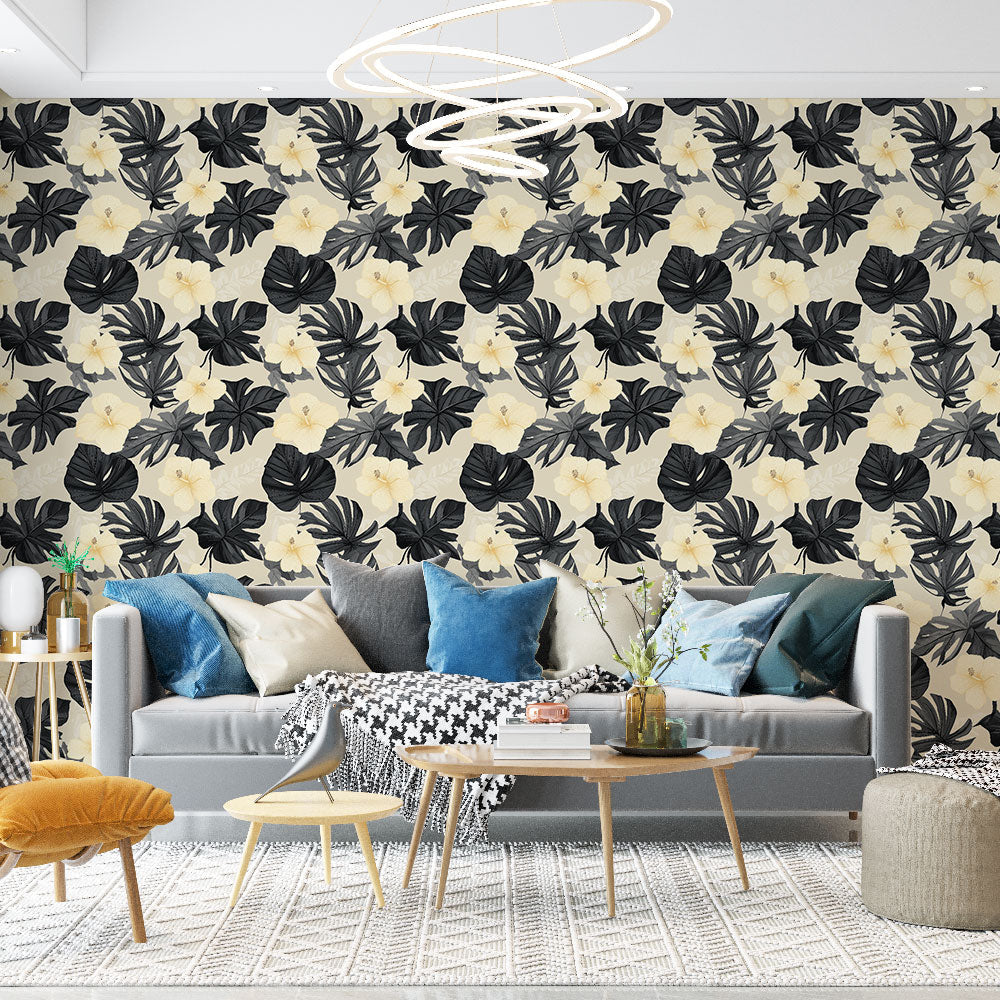 Black and White Floral Wallpaper | Tropical Leaves on Beige