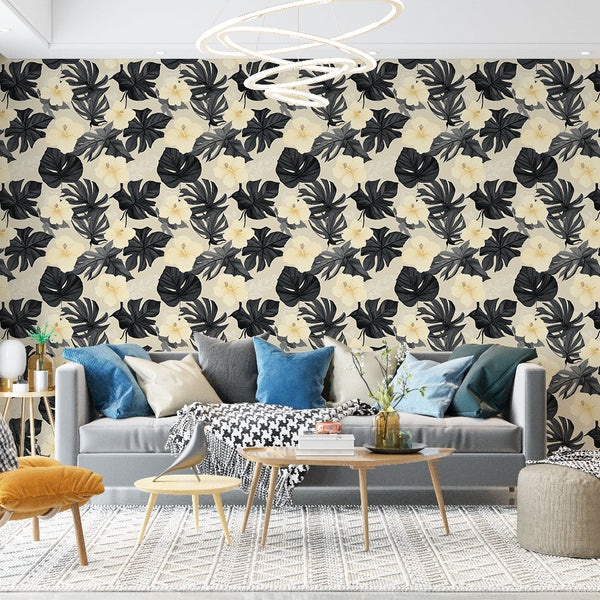 Black and White Floral Wallpaper | Tropical Leaves on Beige
