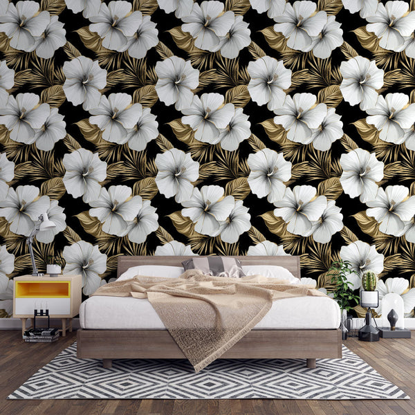 Black White Floral Wallpaper | Golden Leaf Wall Mural