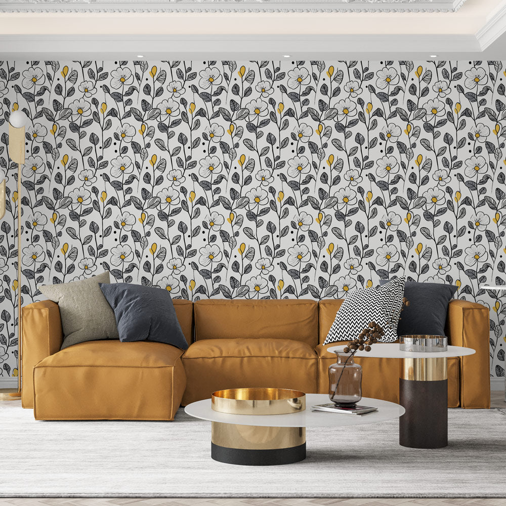 Black & White Floral Wallpaper | Yellow Touch Wall Mural