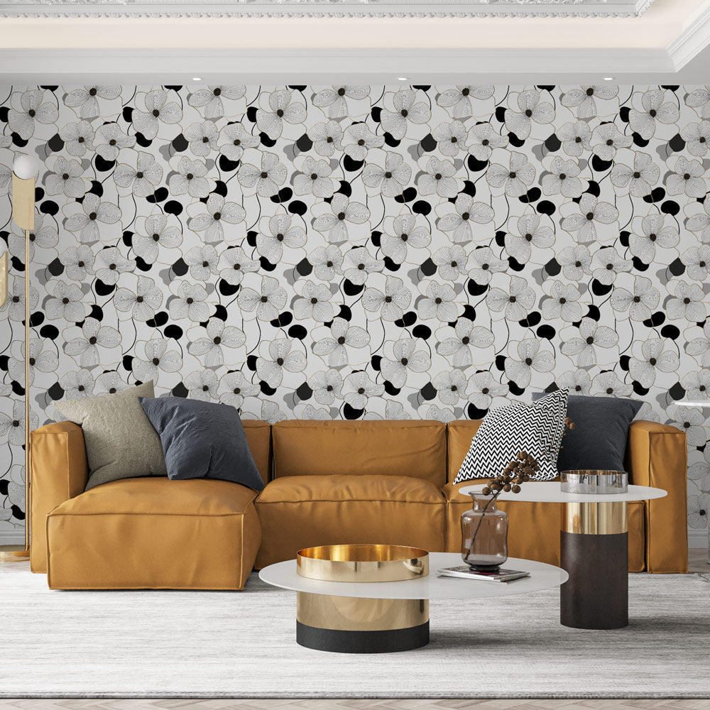 Black & White Floral Wallpaper | Elegant Contour Wall Mural