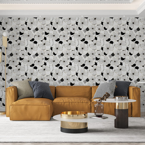 Black and white floral wallpaper with elegant contoured blooms and golden accents