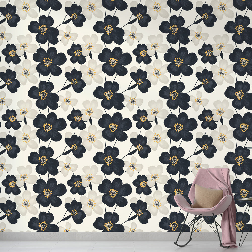 Elegant Black & White Floral Wallpaper Wall Mural