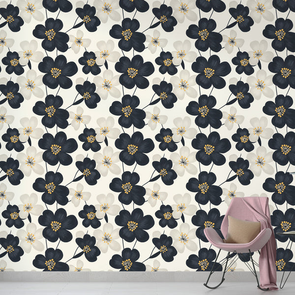 Elegant Black & White Floral Wallpaper Wall Mural