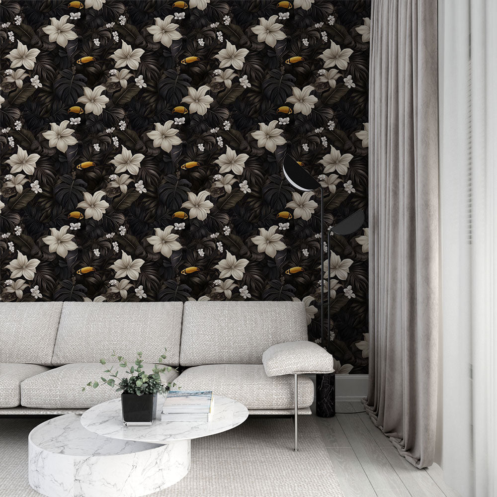 Monochrome Wallpaper | Elegant Flowers on a Dark Ground