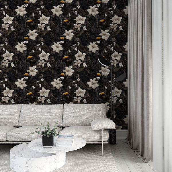 Monochrome Wallpaper | Elegant Flowers on a Dark Ground