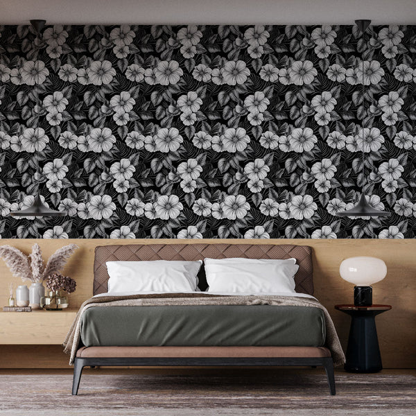 Monochrome Wallpaper | Stylized Flowers on a Dark Ground