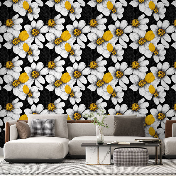 Black White Floral Wallpaper | Yellow Wall Mural