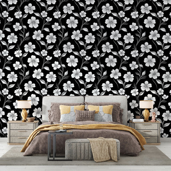 Two Tone Floral Wallpaper | White Flowers on Black Ground