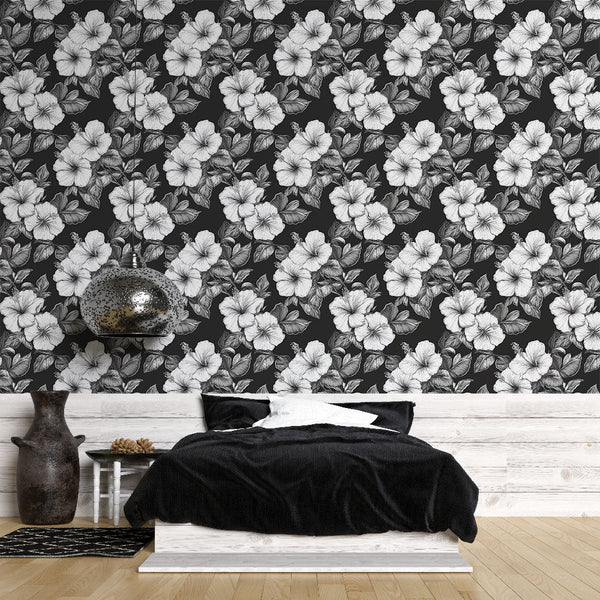 Black and White Wallpaper | Detailed Hibiscus on Dark
