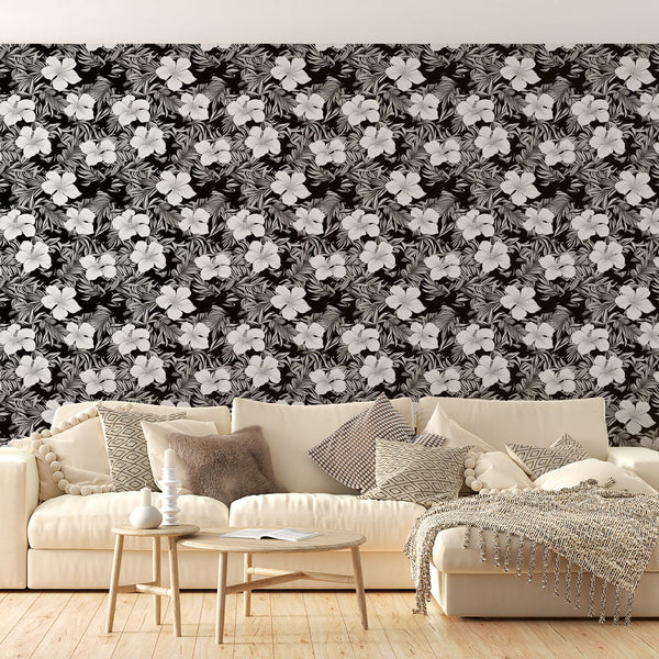 Black and White Wallpaper | Hibiscus and Tropical Leaves