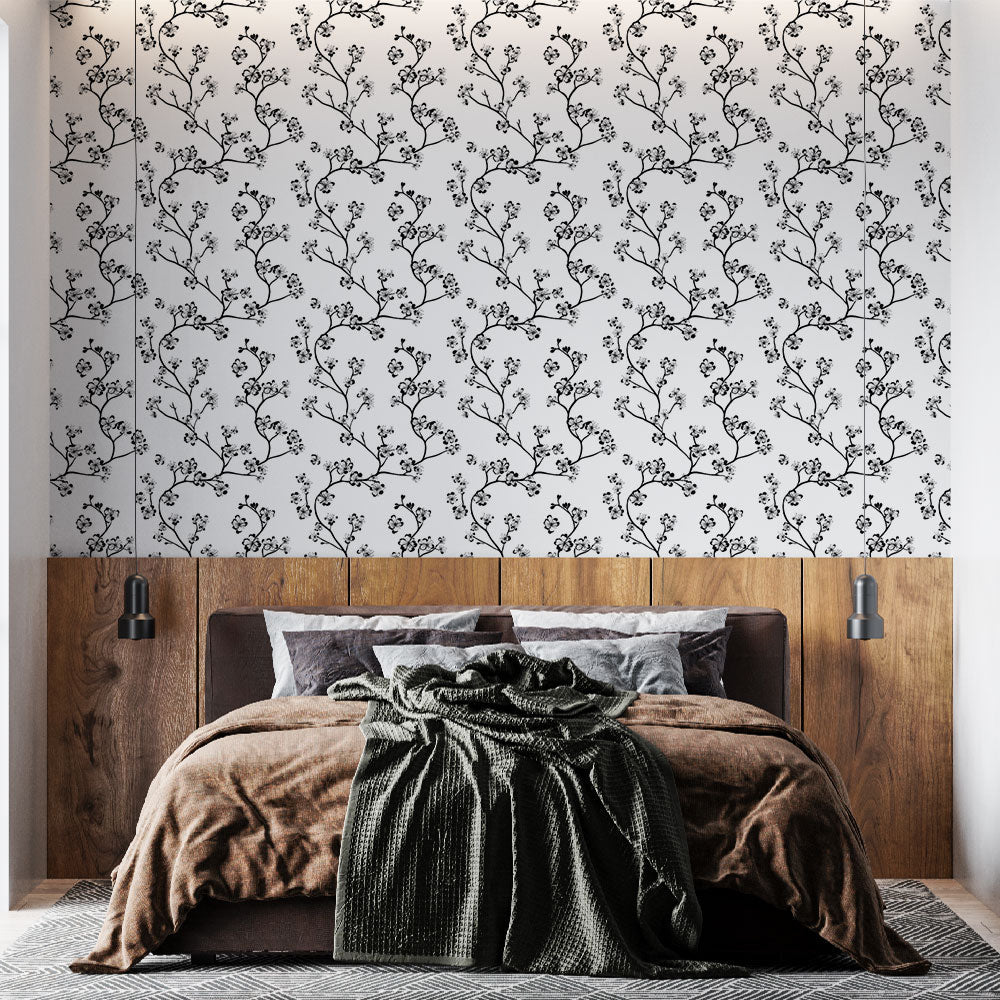 Black & White Branch Wallpaper | Delicate Floral Sprigs