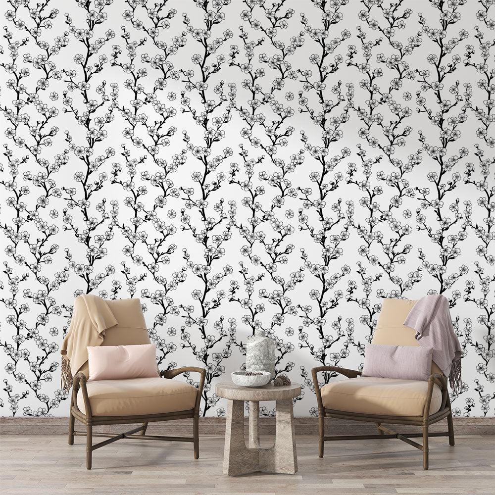 Ink Floral Branches Black White Wallpaper Mural