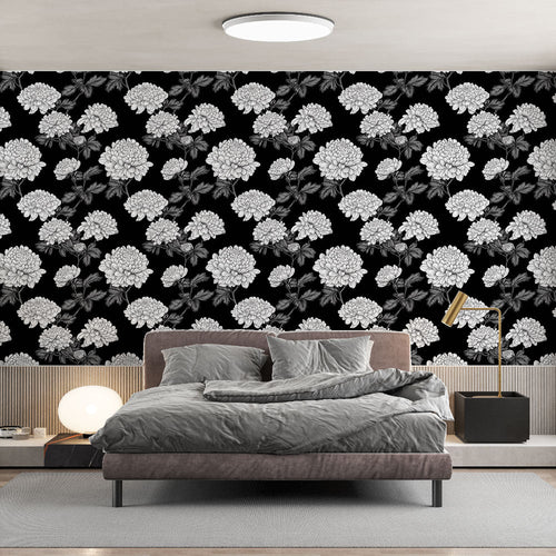 Black and white chrysanthemum wallpaper with delicate floral pattern