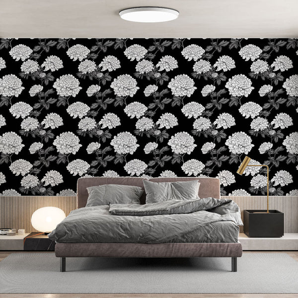 Black & White Chrysanthemum Wallpaper | Delicate Wall Mural
