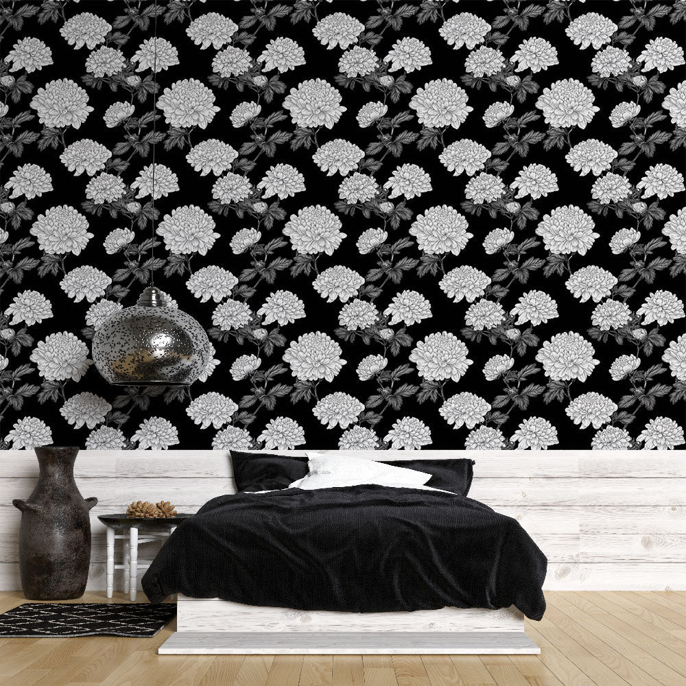 Black & White Chrysanthemum Wallpaper | Elegant Floral Wall Mural