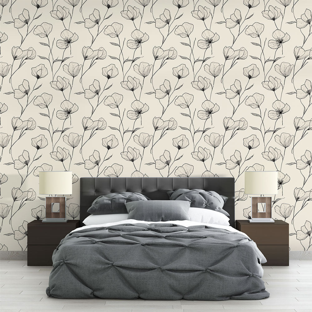 Black & White Floral Wallpaper | Blooms on Beige Mural