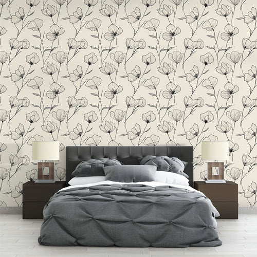Black and white floral wallpaper with linear blooms on beige background