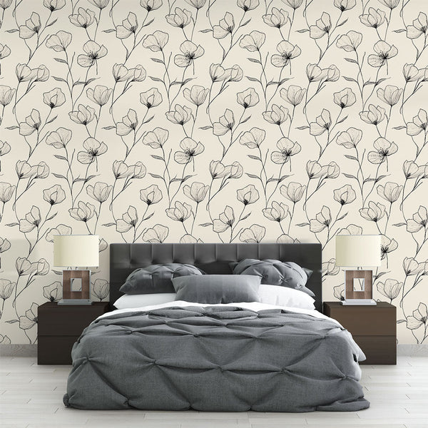 Black & White Floral Wallpaper | Blooms on Beige Mural