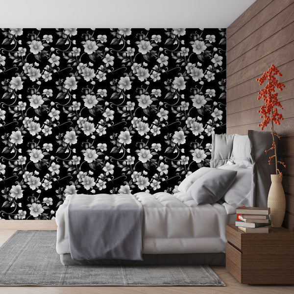 Black and White Floral Wallpaper | White Blooms on Black