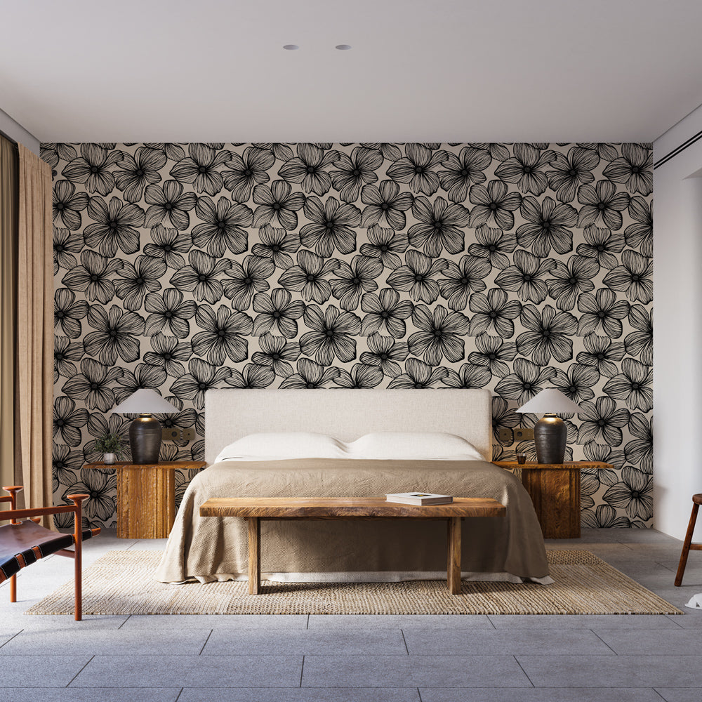 Sketched Floral Wallpaper | Beige Background Wall Mural