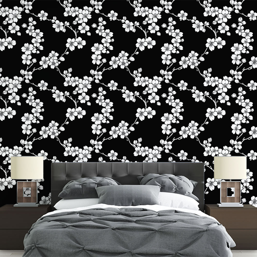 Black Floral Wallpaper | White Blooms on Deep Black