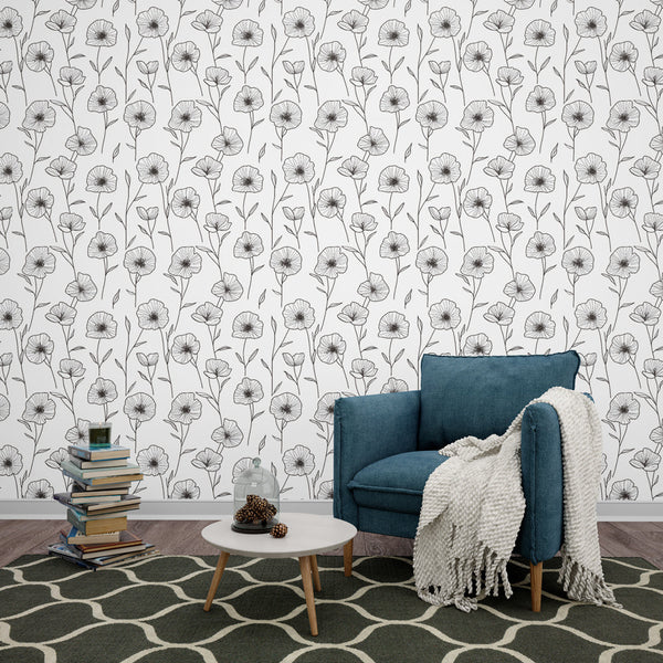 B&W Floral Wallpaper | Hand-Drawn Flowers Wall Mural