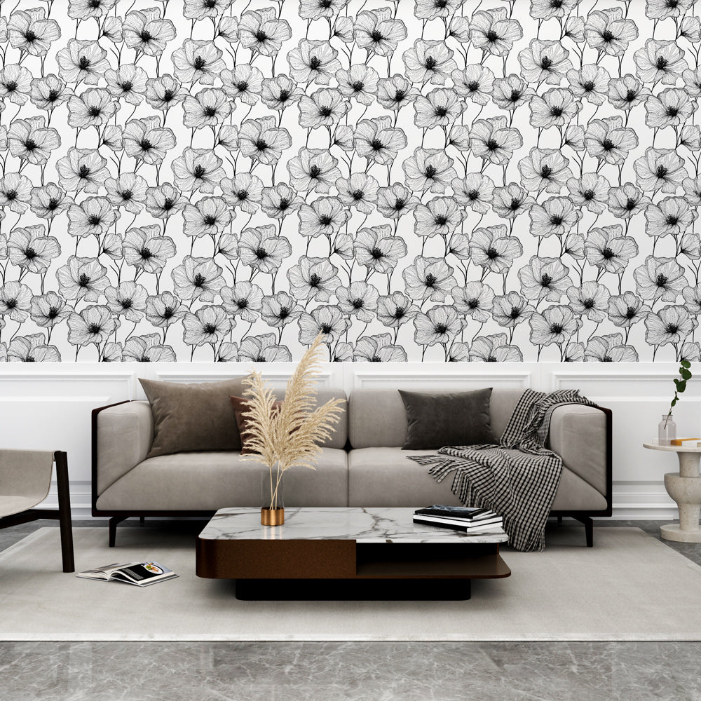 Sketched Floral B&W Wallpaper | Botanical Wall Mural