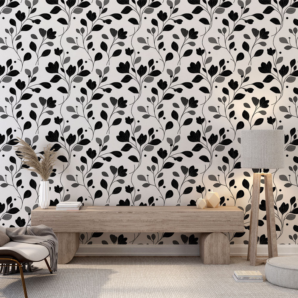 Floral Wallpaper | Black Grey Flowers and Leaves Pattern