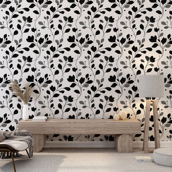 Floral Wallpaper | Black Grey Flowers and Leaves Pattern