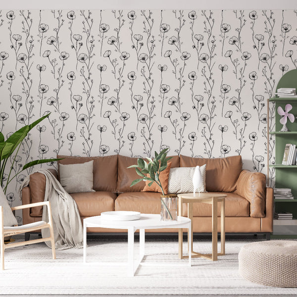 Black and White Floral Wallpaper | Sketched Wall Mural