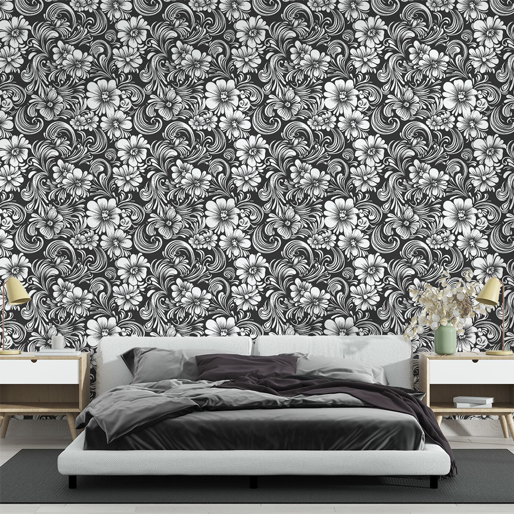 B&W Floral Wallpaper | Elegant Flowers & Scrolls Wall Mural