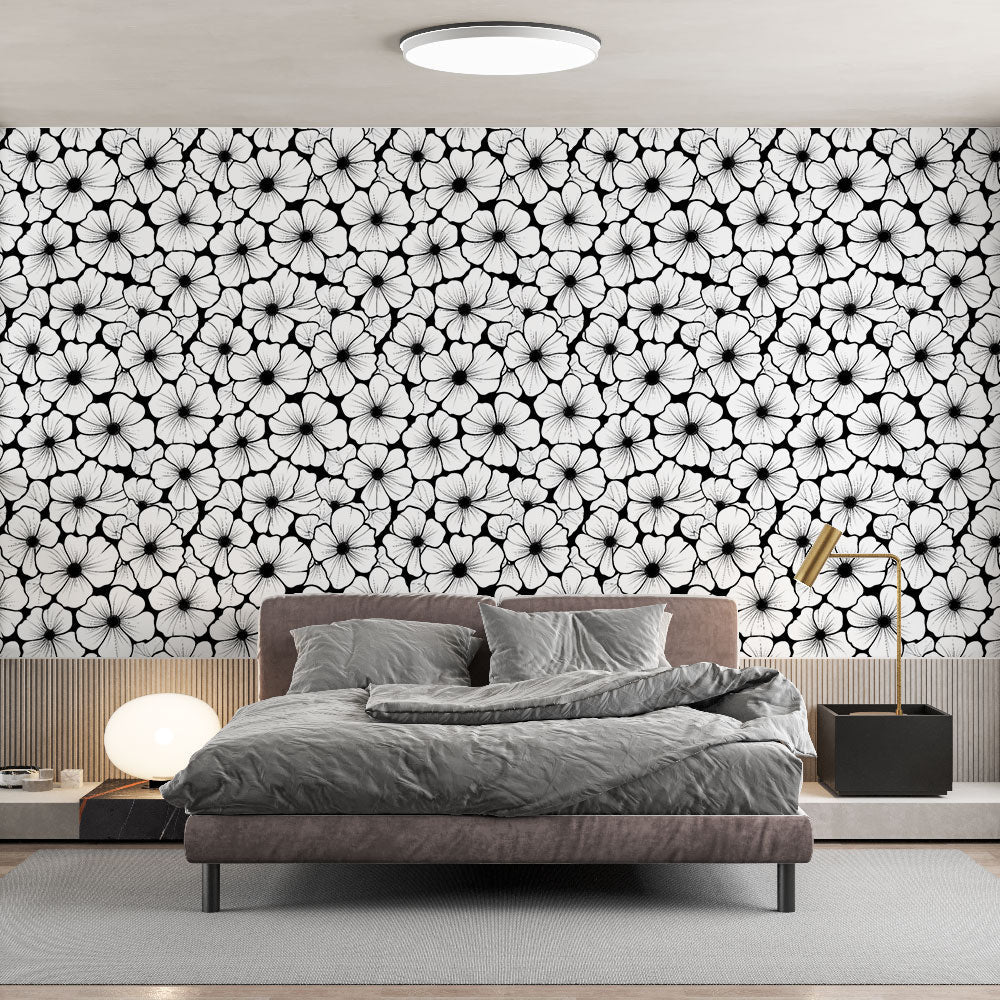 Monochrome Floral Wallpaper | Dark Background Wall Mural