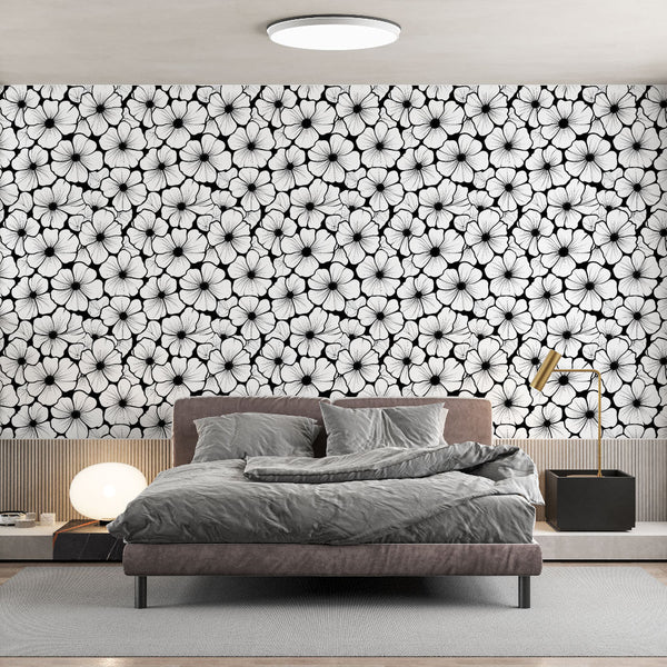 Monochrome Floral Wallpaper | Dark Background Wall Mural