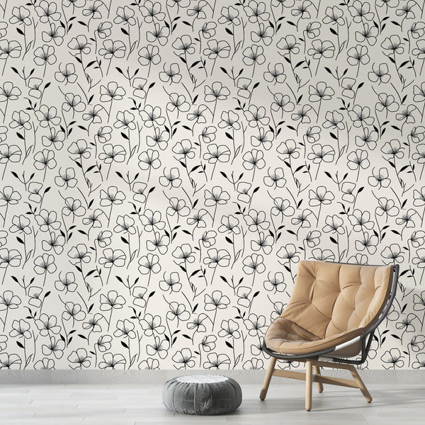 B&W Floral Beige Wallpaper | Botanical Wall Mural