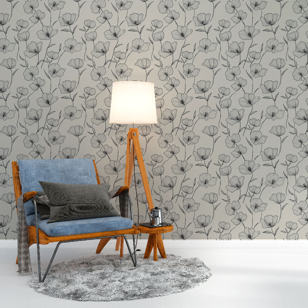 B&W Floral Wallpaper | Sketched Flowers on Cream Wall Mural