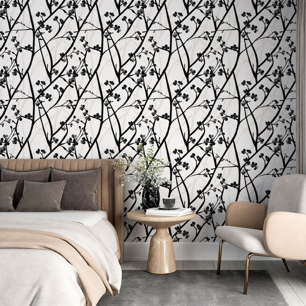 Sinuous Black Branches Florals Wallpaper Mural