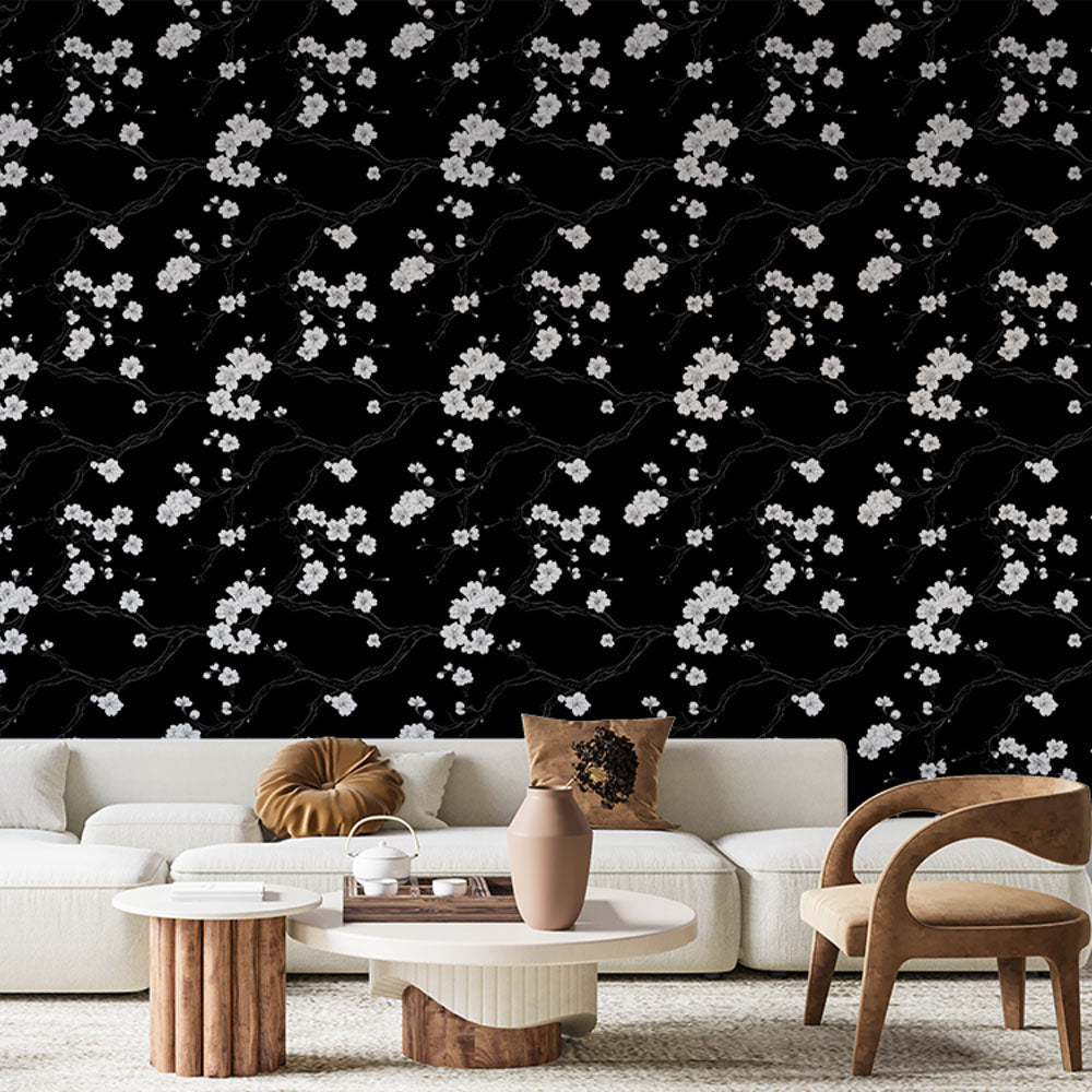 Floating White Florals Dark Wallpaper Wall Mural