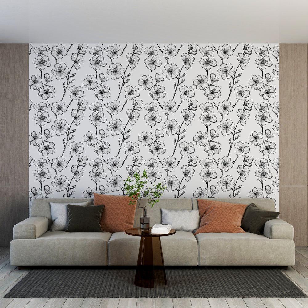 Hand-Drawn Black White Floral Wallpaper Wall Mural