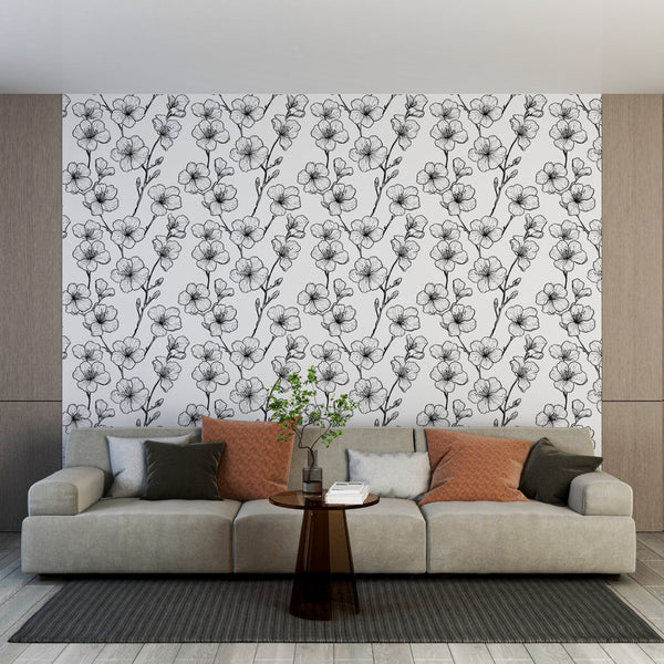 Hand-Drawn Black White Floral Wallpaper Wall Mural
