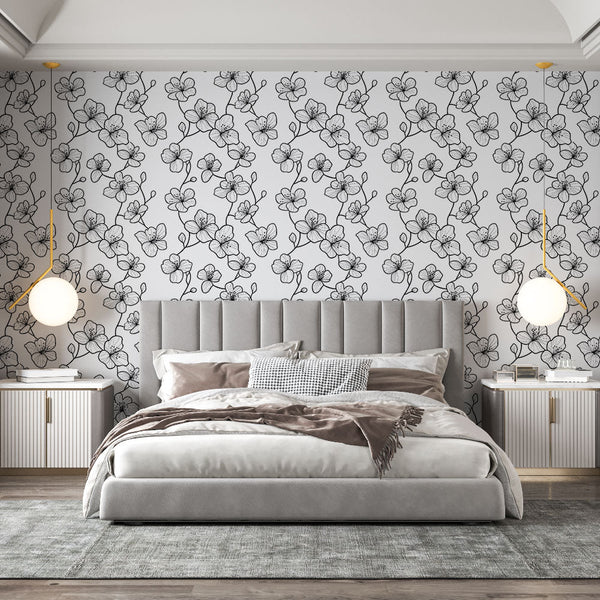 Sketched Floral Wallpaper | Hand-Drawn Blooms on White