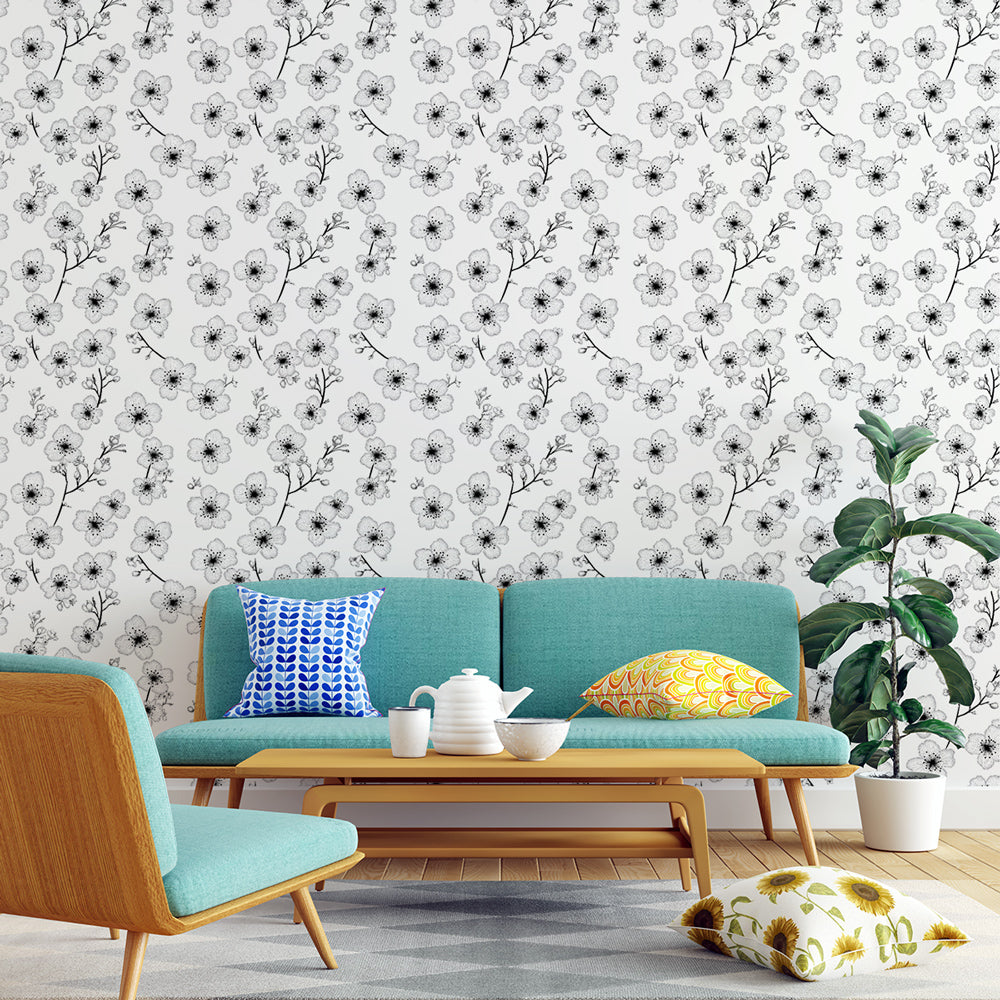 Black White Stylized Floral Wallpaper Wall Mural
