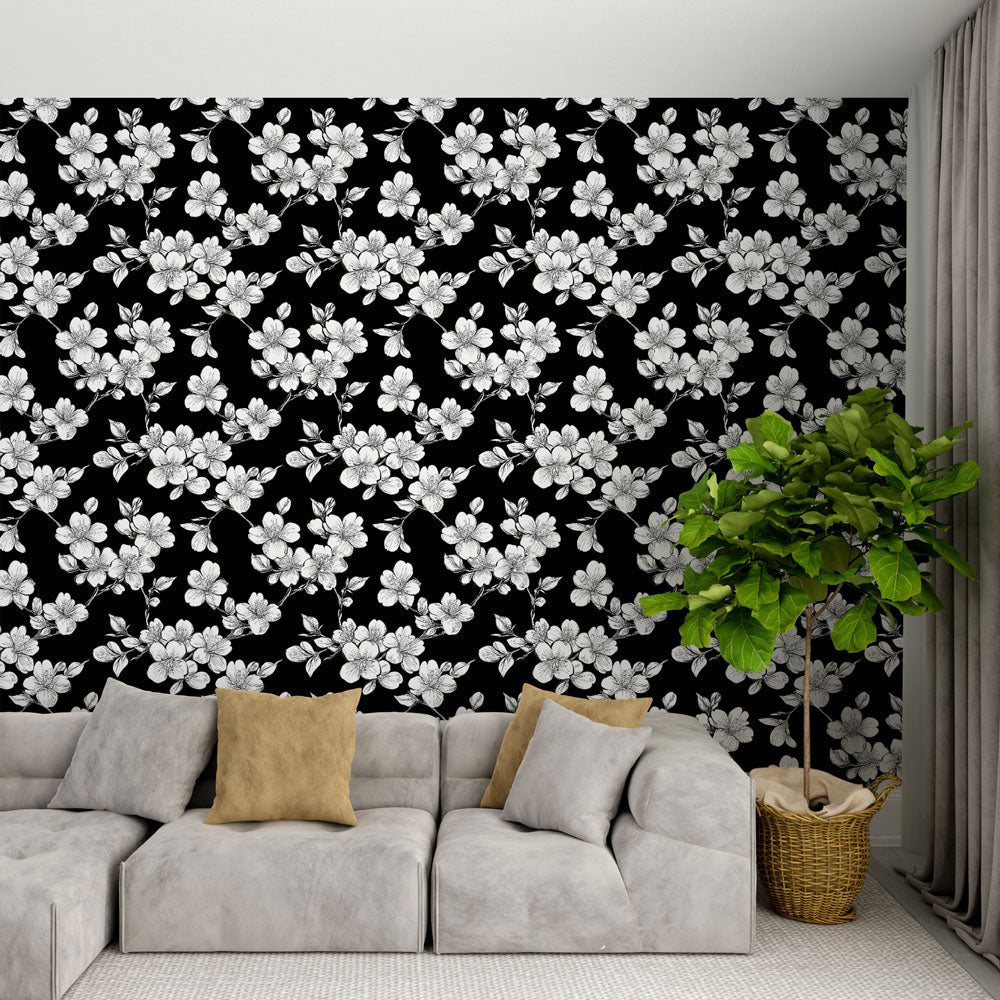 White Flowers Black Background Wallpaper Mural