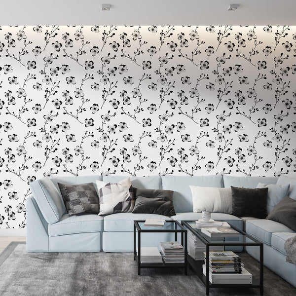 Tiny Black Flowers Light Wallpaper Wall Mural
