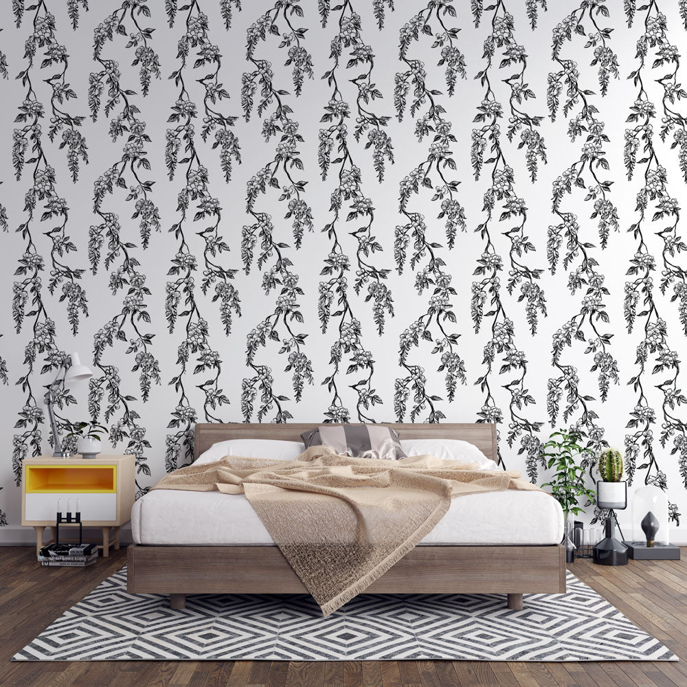 Hanging Flowers Wallpaper | B&W Floral Wall Mural on White