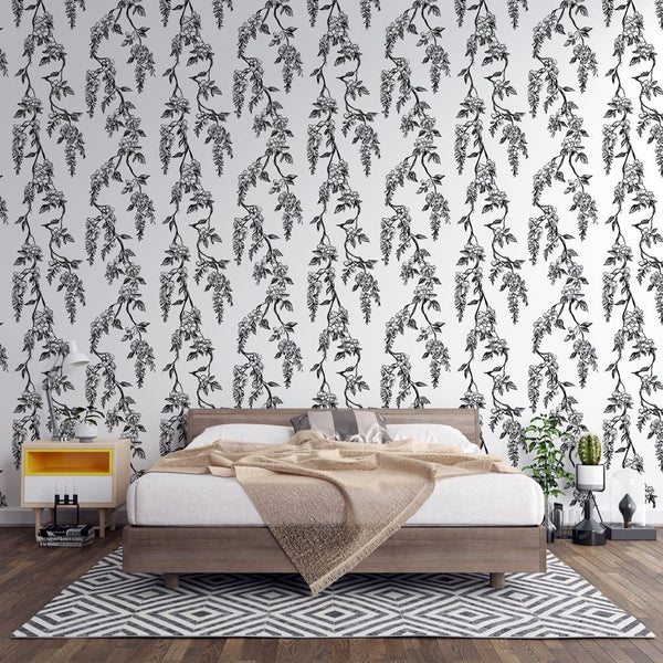 Hanging Flowers Wallpaper | B&W Floral Wall Mural on White